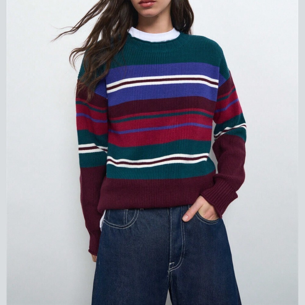 Green Blue Striped Ribbed Knit Crew Neck Collegiate Sweater
